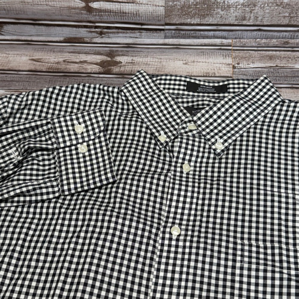 Nordstrom Men's Shop Button‎ Down Shirt 17.5 36/37 Black White Gingham Trim Fit